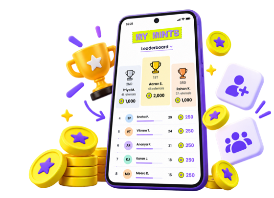 The MyMints leaderboard on a phone, surrounded by a trophy and SuperCoins